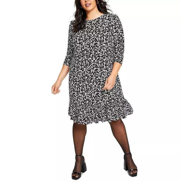 Tommy Hilfiger Women's Plus Floral Print Knee Shift Dress, Black/White 18W - Picture 1 of 2